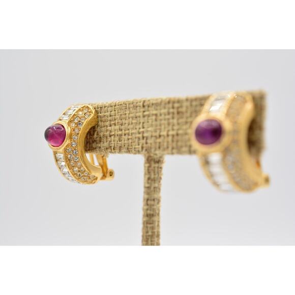 Christian Dior Vintage Cabochon Clip On Earrings Baguette Crystal Signed BinAO - Picture 3 of 12